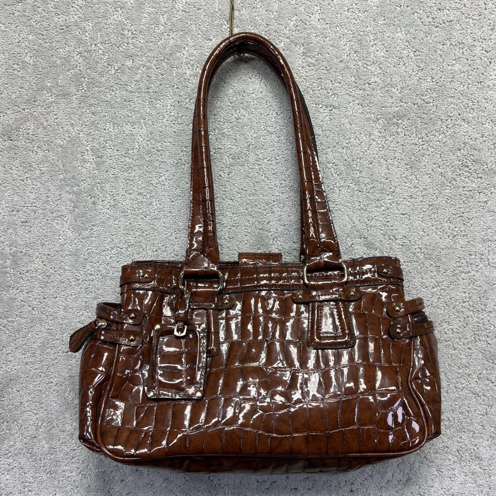 Liz Claiborne Shoulder Bag Brown Faux Crocodile Embossed Patent Satchel Glossy